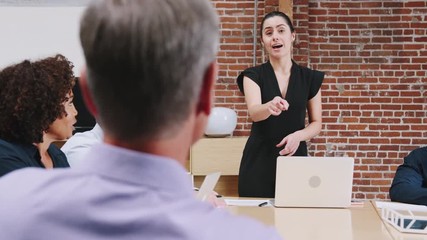 Wall Mural - Young Businesswoman Standing And Leading Office Meeting Around Table