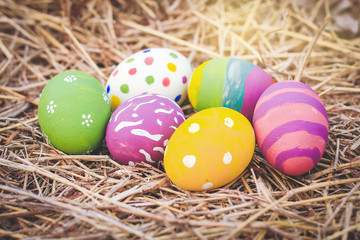 Wall Mural - Many colorful Easter eggs, beautiful designs On the hay. Festival