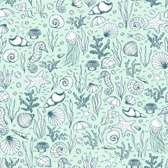 Hand drawn vector sea life seamless pattern with seahorses, fish, starfish, corals, seashells and jellyfish outline on the blue background. Underwater animals line art.