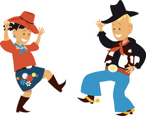 Wall Mural - Two cute cartoon kids dancing western country style, EPS 8 vector illustration