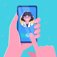 Woman Hand holding smartphone with female therapist on call and an online consultation. Vector flat illustration. Ask doctor. Online medical advise or consultation service, tele medicine