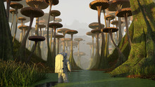 Astronaut Exploring Alien Planet Landscape, Mission On Exoplanet With Strange Plants And Flying Creatures (3d Science Illustration) 