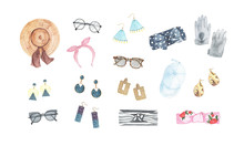 Watercolor Womens Fashion Accessories Earrings Hat Cap Glasses Headwear