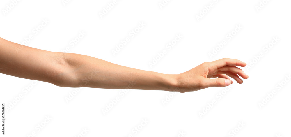 Young woman holding hand on white background, closeup - obrazy, fototapety, plakaty 