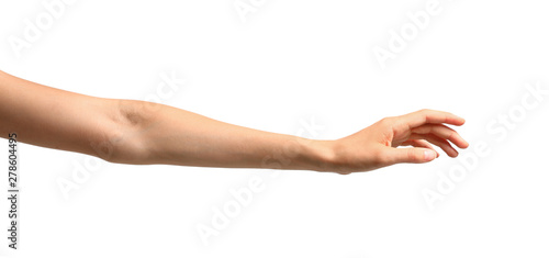Fotografía Young woman holding hand on white background, closeup