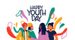 Happy youth day card of diverse teen friend group