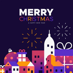 Wall Mural - Christmas and New Year card of festive winter city