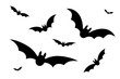 Bats icon set. Bat black silhouette with wings isolated white background. Symbol Halloween holiday, mystery cartoon dark vampire, night flyin element. Spooky scary flat design. Vector illustration