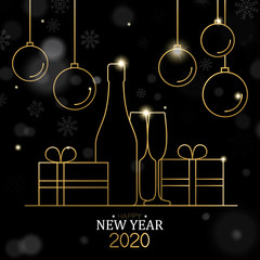 New Year 2020 card of gold line holiday decoration