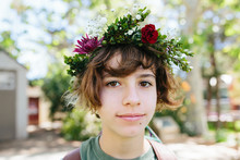 Closeup Portrait Of A Young Teen Girl Wearing A Flower Crown Outside