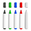 Realistic 3D set of marker pens, red, green, yellow, black and white mackup - stock vector.