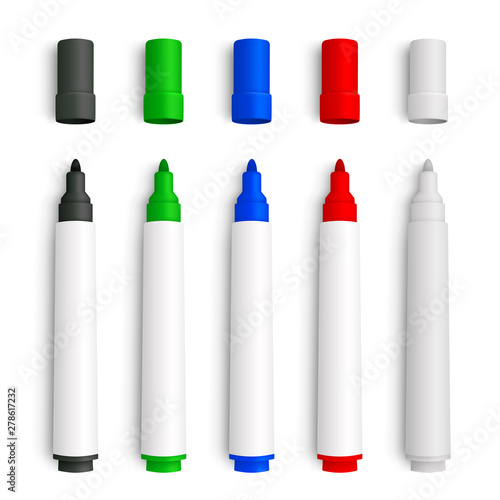 Fotografía Realistic 3D set of marker pens, red, green, yellow, black and white mackup - stock vector