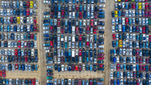 Aerial View Of Rows Of Old Cars That Have Served, Assembled In A Junk Yard Waiting To Be Recycled For Their Reusable Parts, Aurora, IL, USA.
