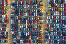 Aerial View Of Rows Of Old Cars That Have Served, Assembled In A Junk Yard Waiting To Be Recycled For Their Reusable Parts, Aurora, IL, USA.