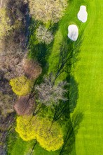 Aerial View Of A Golf Course Fairway And Sand Traps In Early Spring Creating An Abstract Looking Perspective At The Naperville Country Club In Napervile, IL - USA