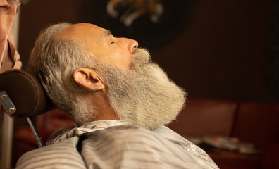 Perfect beard. Close-up of mature bearded man sitting in barbershop.