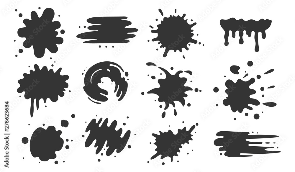 Black paint blots collection of vector icons. Cartoon paint splatters and ink splashes. - obrazy, fototapety, plakaty 
