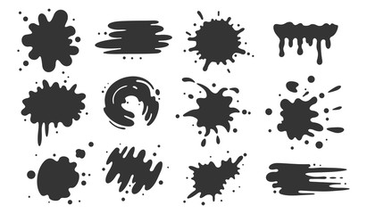 black paint blots collection of vector icons. cartoon paint splatters and ink splashes.