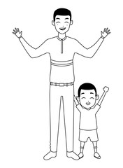 Wall Mural - Family Single father with little kid cartoon in black and white