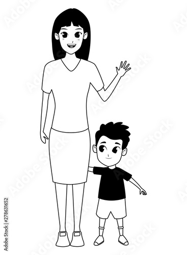 Single Mother With Children Cartoon In Black And White Stock Vector Adobe Stock adobe stock
