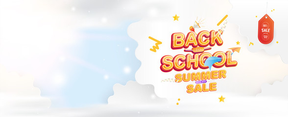 Summer Sale 50% offer for Back to School. Original Font inscription with paper airplane against the sky with clouds. Vector education concept.