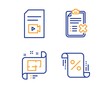 © blankstock - Video file, Reject checklist and Architectural plan icons simple set. Loan percent sign. Vlog page, Decline file, Technical project. Discount blueprint. Business set. Linear video file icon. Vector