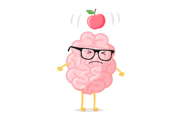 Cartoon smart human brain character with glasses and apple falling dawn to head scientific discovery idea concept. Funny flat vector illustration