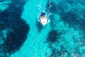 Luxury private speed motor boat. Aerial top view