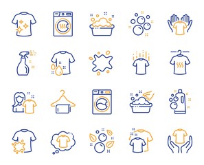 Laundry line icons. Dryer, Washing machine and dirt shirt. Laundromat, hand washing, soap bubbles in basin icons. Dry t-shirt, laundry service, dirty smudge spot. Clean clothes. Vector