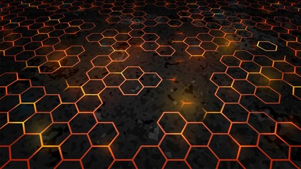 Abstract dark background with orange luminous hexagons, honeycombs