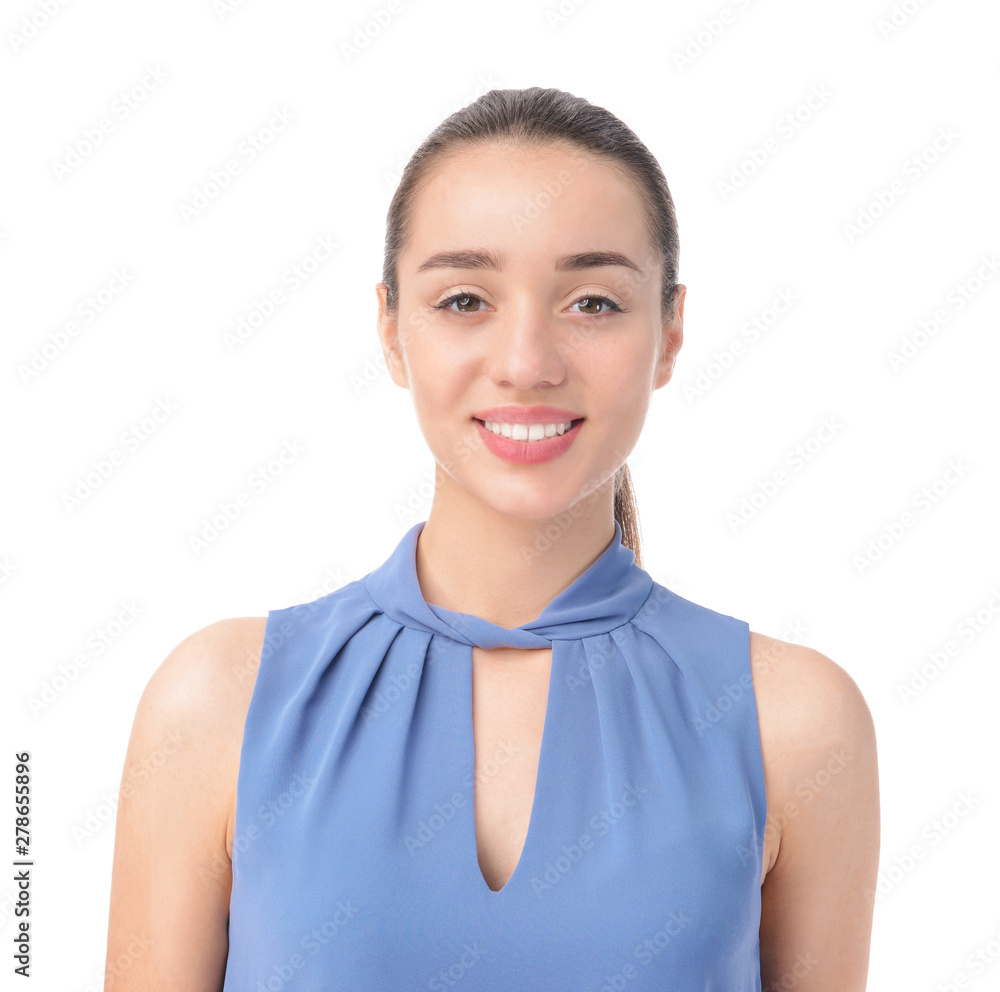 Beautiful young businesswoman on white background