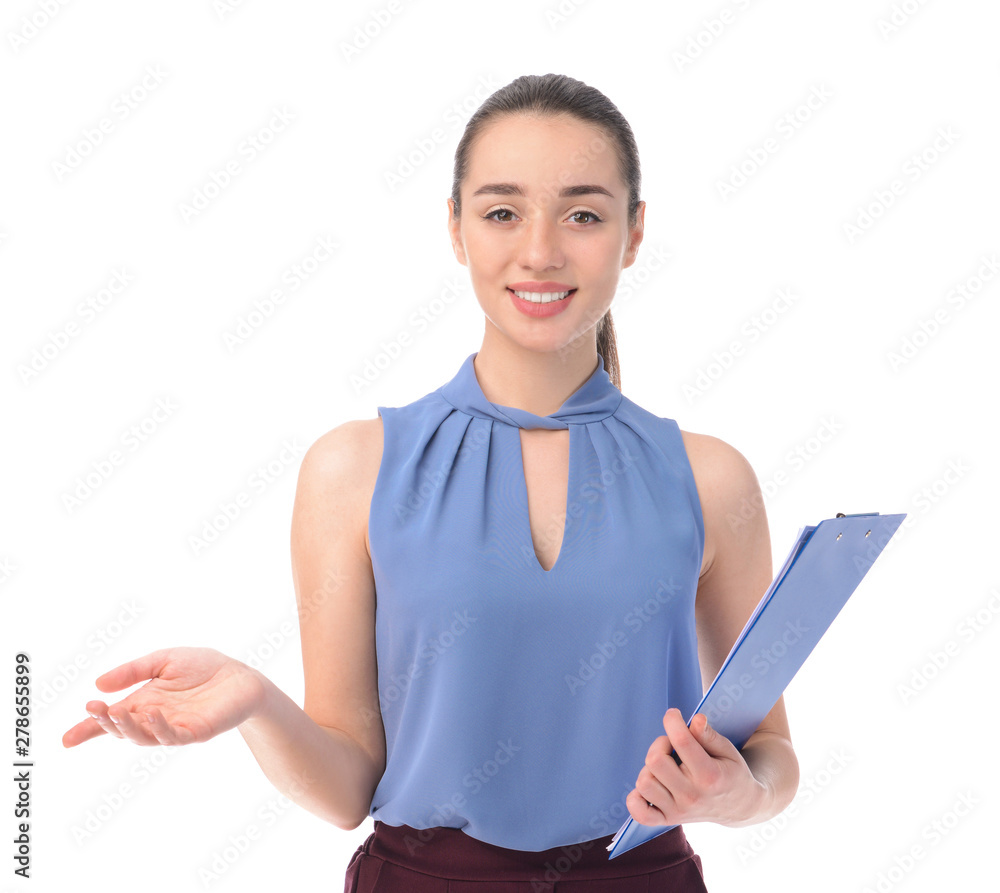 Beautiful young businesswoman on white background