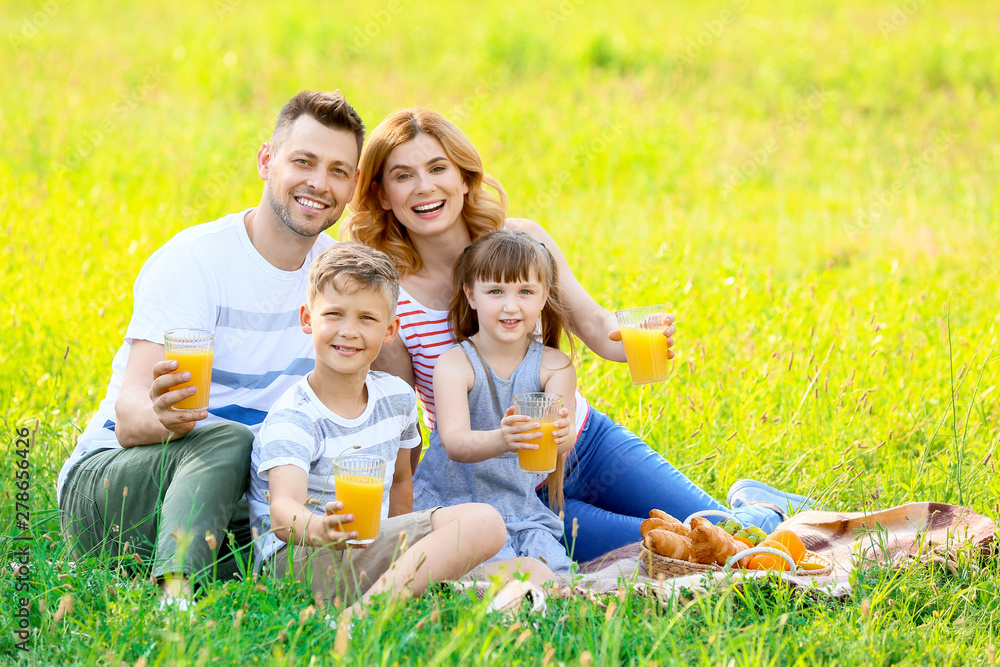 Happy family on summer picnic in park