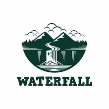 Waterfall River Mountain Forest Cloud Logo Vector