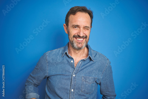 Handsome Middle Age Senior Man With Grey Hair Over Isolated Blue