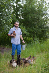 Wall Mural - A smiling cute bearded farmer holds a chicken in one hand and in the other a metal bucket, the young man stands on a blurred background of green trees