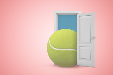 Wall Mural - 3d rendering of yellow tennis ball in white open doorway on light pink background