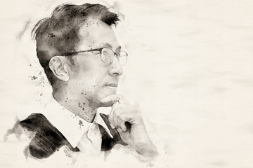 glasses man thinking with water color painting effect.