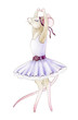 Dancing little cute mouse watercolor illustration. Pretty small  ballerina posing in a lavender tutu with a flower decoration, isolated on white background.