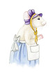 Watercolor illustration of a cute little cartoon mouse or rat. White rat chinese symbol of new year in a funny hat and cozy skirt with apron.