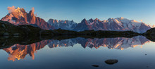 Panorama Of The Mont Blanc Massif Reflected In Lac De Chesery During Sunset. Chamonix, France.