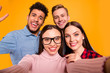 © deagreez - Self-portrait of nice-looking attractive winsome lovely charming cute cheerful cheery positive funny funky company buddy fellow blog blogger isolated over bright vivid shine yellow background