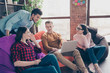 © deagreez - Nice attractive cheerful stylish guys sitting on bag chair junior specialist preparing it market research report study education interns at industrial wooden loft interior workplace workstation