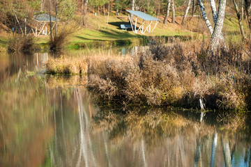 Autumn forest river water panorama. Natural color.