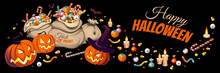 Horizontal Banner With Pumpkins And Bags Of сolorful Halloween Sweets For Children: Candy, Chocolate, Jelly Isolated On Black Background.