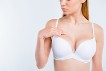 Cropped Close-up View Of Perfect Shape Fit Form Curvy Line Girl Touching Mamma Plastic Surgery Salon Procedure Isolated White Background. Breast Self-exam BSE Concept Checking Up Chest Changes