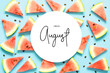 Inscription Hello August. Fresh red watermelon slice Isolated light blue background. Top view, Flat lay. - Image