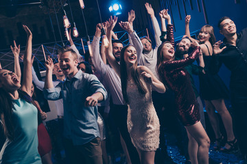 Poster - Portrait of elegant crazy funny funky lady guy youth having fun moving band listeners listen amusement raise arms formalwear formal wear besties fellows