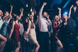 © deagreez - Portrait of charming funny funky youth fellows formalwear frmal wear rasise hand sarms scream shout loud place discotheque