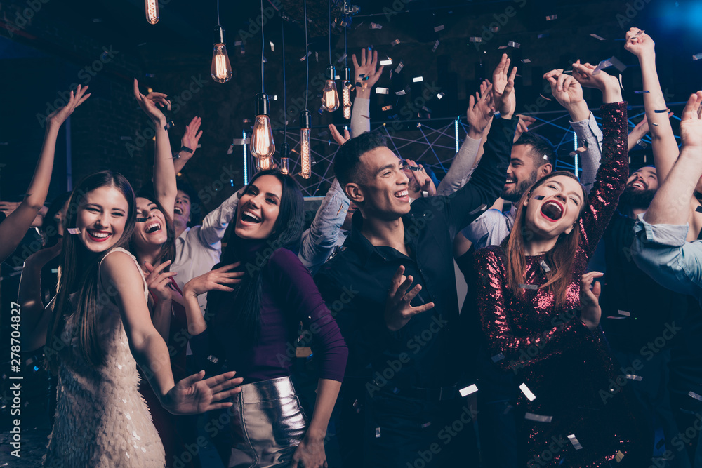 Portrait cute attractive lovely youth millennial person laugh excited funny funky motion having fun free time raise fists fromal wear suit dress fashionable modern magnificent indoors dance floor - obrazy, fototapety, plakaty 